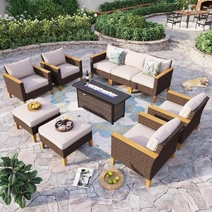 Patio Furniture Set Outdoor Wicker Rattan Sofa Conversation with Fire Pit Table - Picture 1 of 6