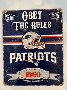 New England Patriots Sign “Obey The Rules” 11.5x14.5 Metal Retro Pub Man Cave - Picture 1 of 4