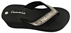 Women Platform High Wedge Rhinestone Bling Slides Flip Flops Thong Sandals Black - Picture 1 of 6