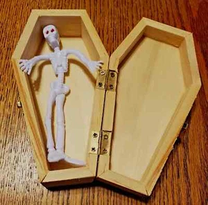 Mini Unfinished Halloween Wood Coffin W/Poseable Skeleton 6" x 4" x 2" - Picture 1 of 1