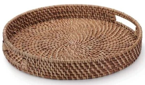 13.8 Inch Rattan Tray Round Wicker Tray With Cutout Handles Woven Serving Tray F - Picture 1 of 6