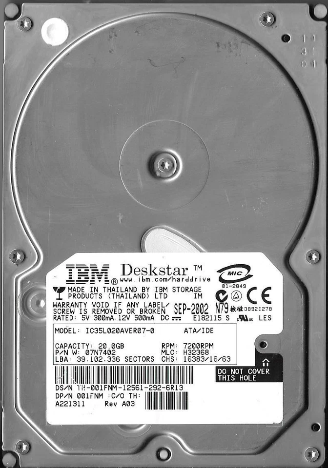 IBM IC35L020AVER07-0 20GB IDE HARD DRIVE P/N: 07N7402 MLC: H32368 - Image 1 of 2