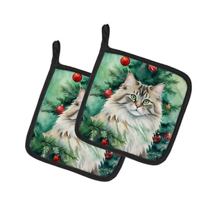 Siberian Cat By the Christmas Tree Pair of Pot Holders DAC7257PTHD - Picture 1 of 3