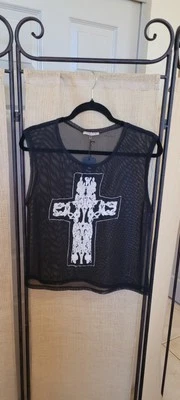 Ambiance Sleevless Top, Women's L, Black Sheer Knit, Embroidered Cross - Изображение 1 из 3