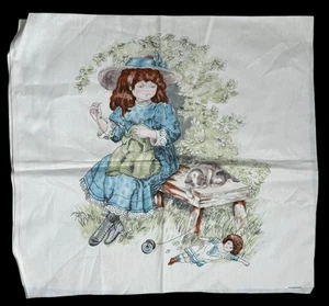 Daisy Kingdom Cotton Fabric Pillow Panel Victorian Girl Cat Doll Blue Quilt Vtg - Picture 1 of 6