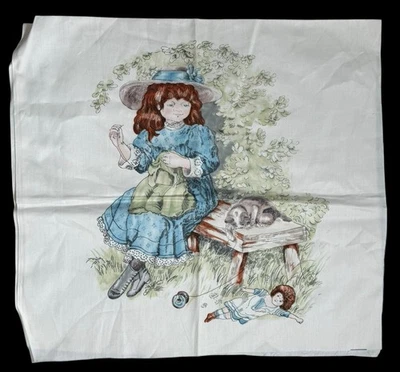 Daisy Kingdom Cotton Fabric Pillow Panel Victorian Girl Cat Doll Blue Quilt Vtg - Image 1 of 4