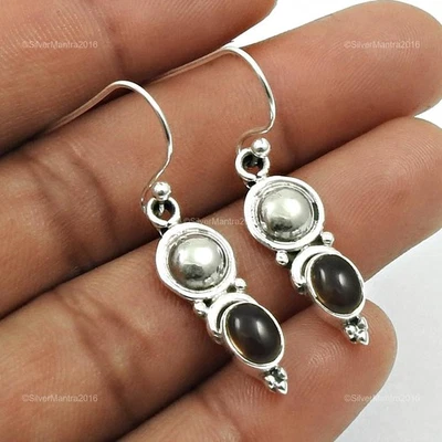 Orecchini Pendenti In Argento Sterling 925 Con Gemma Di Quarzo Affumicato Ovale - Immagine 1 di 4