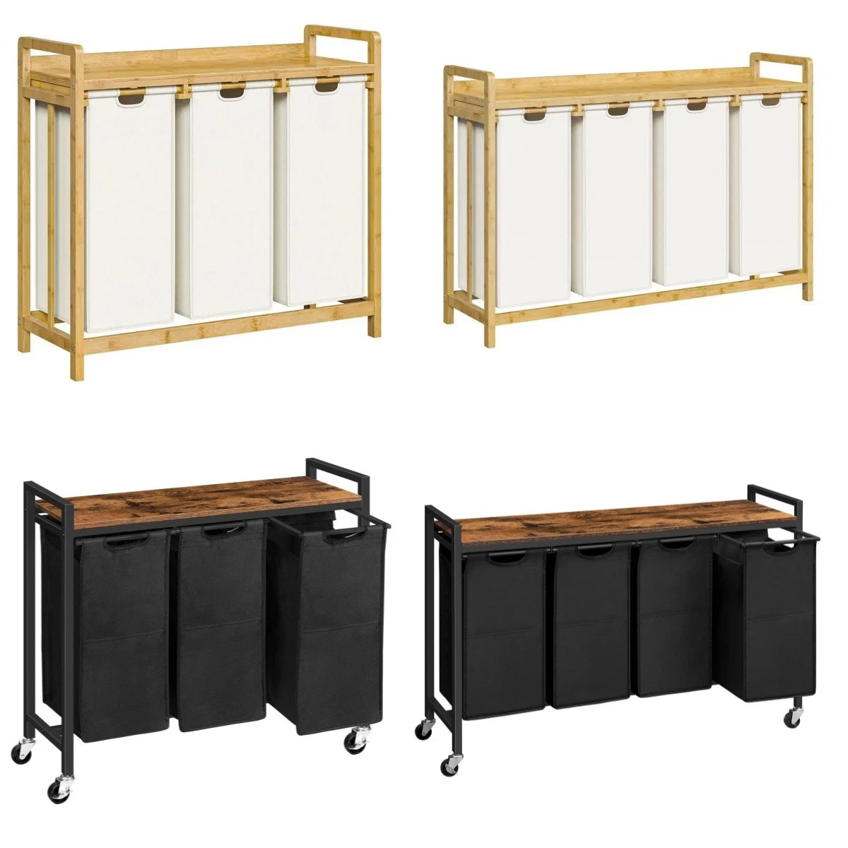 Herture Wäschekorb Mit 3 Fächern & 4 Regalen - 60 Liter Säcke, Sortierbar, Für Waschküche & Badezimmer (tintenschwarz-vintagebraun)