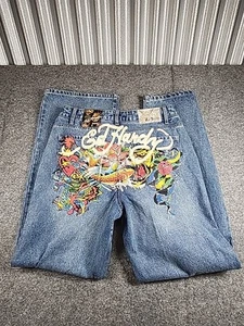 Ed Hardy Baggy Jeans Light Wash Size 30 Full Print Back Side Y2K 90s Vibes NWT - Picture 1 of 16