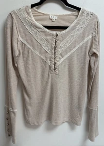 POL Women’s Small Beige Lace Trim Thermal Henley Top Long Sleeve Button Front - Picture 1 of 7