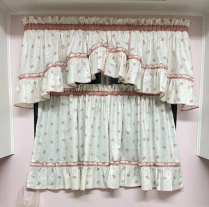 VTG Roses Pink Curtain Set 6 Piece Set Shabby Ruffles Chic Cottage Core Cream - Picture 1 of 4