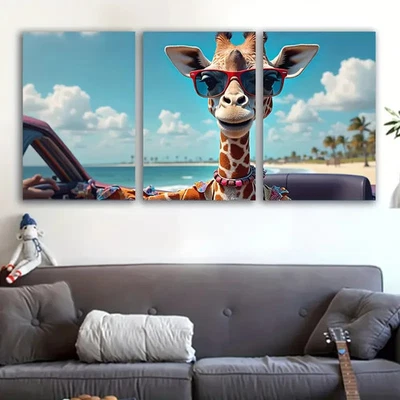 3pcs Giraffe With Palm Tree Scene Wall Art Canvas Unframed/Framed - Image 1 of 4