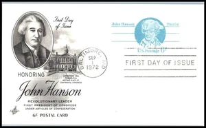 1972 Postal Card 6c Sc UX64 John Hanson FDC with ArtCraft cachet Baltimore - Picture 1 of 1