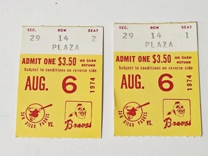 6. August 1974 MLB Paar Ticket Stubs Atlanta Braves in San Diego Padres  - Bild 1 von 2