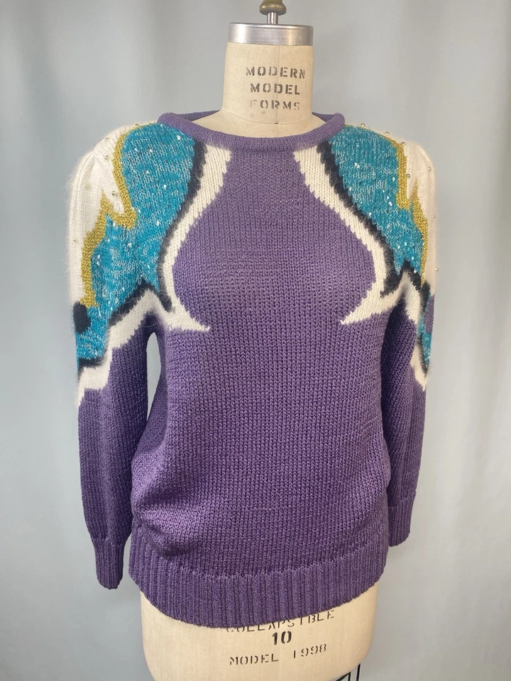 复古毛衣尺寸小号紫色色块 80 年代 90 年代 MAURADA Angora — 第 1/4 张图片