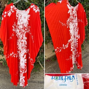 Vintage Royal Palm Hawaii Accordion Caftan Dress Pleated Tiki Aloha Hawaiian - Picture 1 of 15