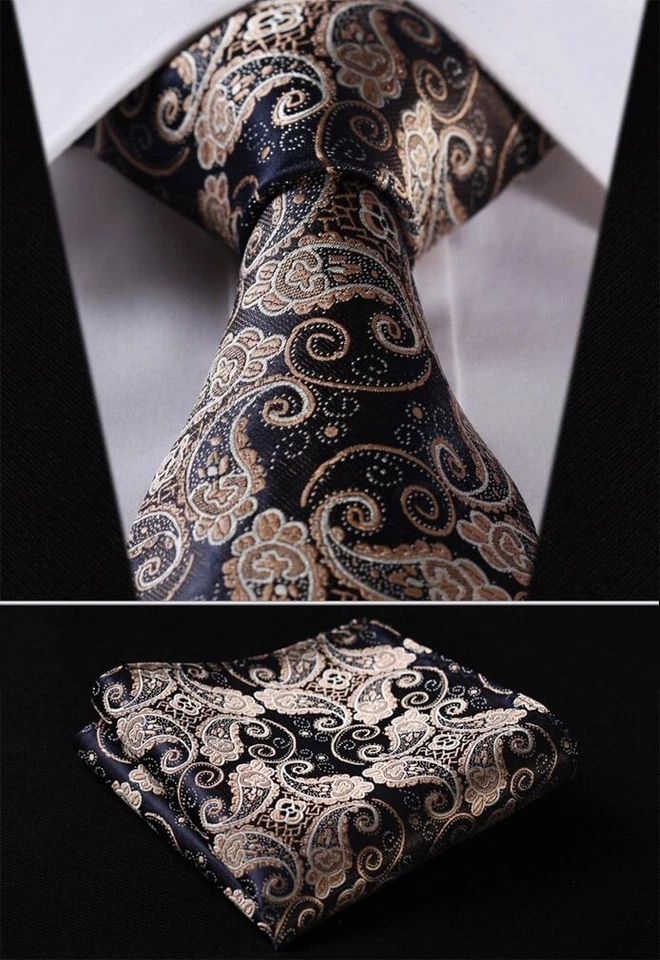 Nextco - Mens Tie Gold Brown Navy Blue Wedding Paisley Silk Floral Hanky - Image 1 of 1