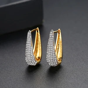 Orecchini Rame Intarsiato Zircone Bicolore Placcato Oro Moda Forma U Gioielli US - Foto 1 di 6