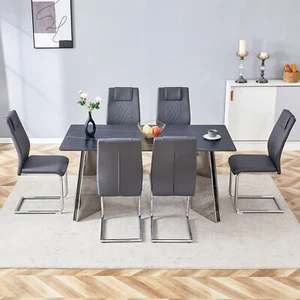 7 Piece Dining Table Set 63" Faux Marble Sintered Stone Table 6 PU Chairs Gray - Picture 1 of 12