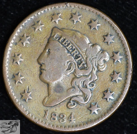 1834 Coronet Head Large Cent, N-2 Sm Date, Lg Stars, Fine+, Free Shipping, C6300 Cover