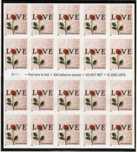 2001 Love Rose Sc 3496a MINT (34c) booklet pane of 20 plate number B1111 - Picture 1 of 1