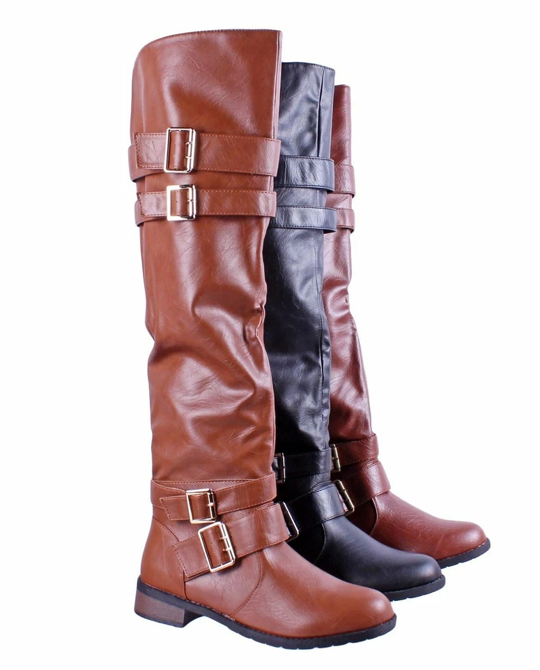 3 Color Buckles Zip Open Fashion Over the Knee Womens Low Heels Boots Shoes - Image 1 of 1