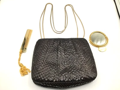 VINTAGE JUDITH LEIBER DARK BROWN SNAKESKIN SMALL PURSE/BAG WITH MIRROR & COMB - Image 1 of 4