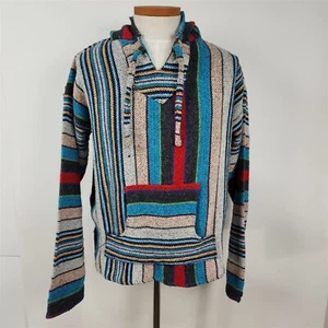 Vintage Mexican Baja Pullover Hoodie Poncho Jacket Drug Rug Mens L - Picture 1 of 8