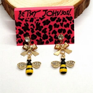 Betsey Johnson Crystal Bumble Bees Bows Gold Stud Dangle Earrings Free Gift Bag - Picture 1 of 5
