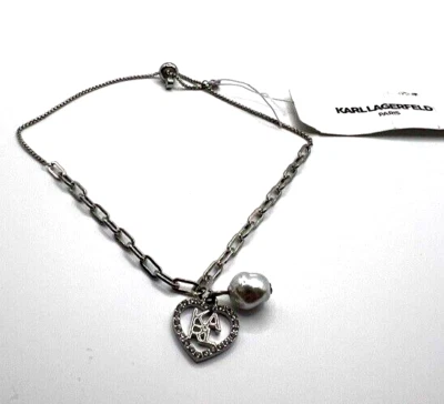 KARL LAGERFELD PARIS Logo Heart Pearl Charm Paper Clip Chain Slider Bracelet NWT - Image 1 of 2