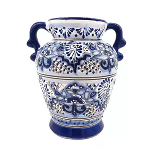Talavera Pottery Flower Vase Mexican Ceramic Puebla Blue White Handles Large 11" - Picture 1 of 5