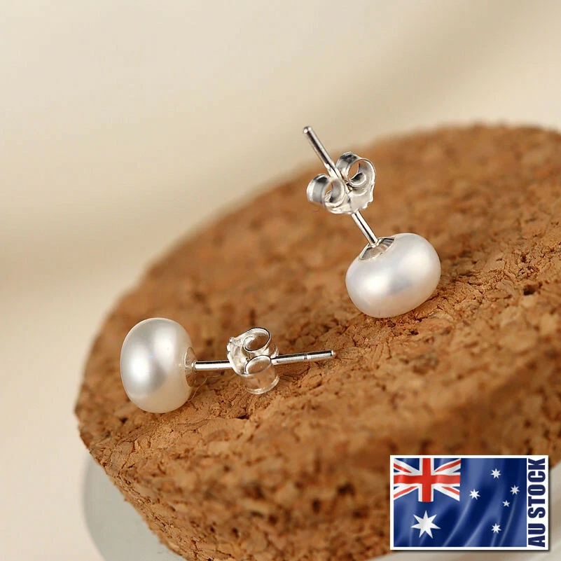 NEW 7mm 925 Sterling Silver Genuine Freshwater Pearl Stud Earrings Women's Gift - image 1 of 4