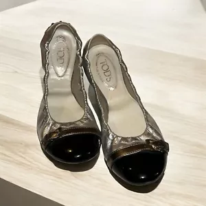 TOD'S Tods Dee Cap Toe Ballet Ballerina Flats $545 Silver / Black 9.5 - Picture 1 of 9