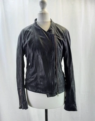 Mango Black Genuine Soft Leather Bike Style Jacket Zip Up Short Size S VGC - Image 1 of 4