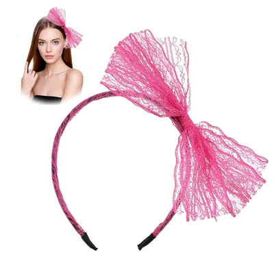 Faixa de cabeça de neon com laço, faixa de renda rosa elástica 80S com renda retrô  - Imagem 1 de 4