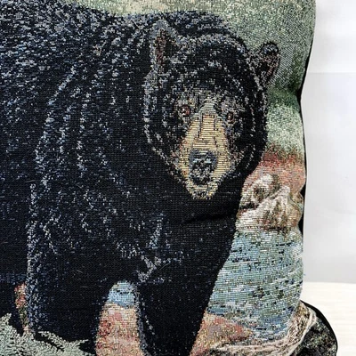 Tapestry Throw Pillow Black Bear Square 15”x15” Cabin Lodge Woods Rustic Decor - Image 1 of 4
