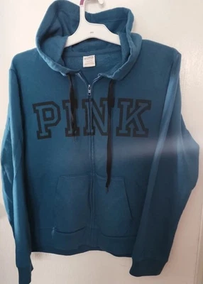 Victorias Secret Pink Fleece Lined Hooded Sweatshirt Hoodie Blue-Green LARGE - Image 1 of 4