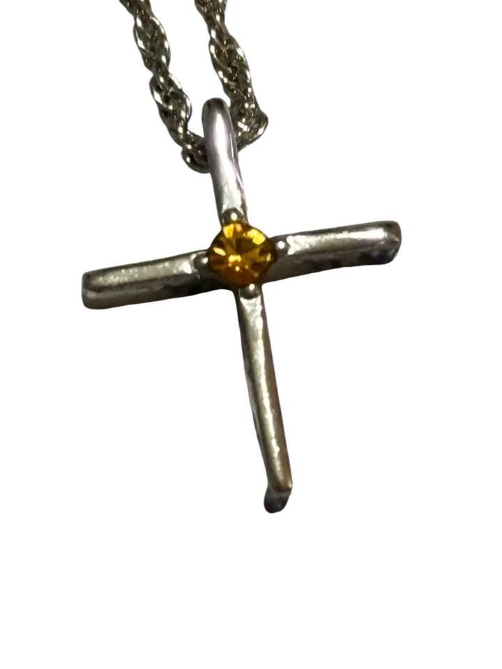 Sterling Silver Tone Cross Necklace Yellow Gemstone Accent Small 3/4 X 1/2 Inch - Imagem 1 de 1