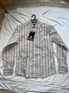 LAMASINI Y2K Cream Black Embroidered Rhinestone Cybercore Button Down Men S - Picture 1 of 6