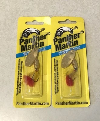 LOTE DE 2 señuelos vestidos giratorios hoja placa dorada genuina Panther Martin 1/4 oz NUEVO Foto 1 de 4
