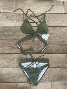 BNWT Missguided Bikini Size 8 Strappy Cross Back Wrap Around Torso Khaki - Picture 1 of 7