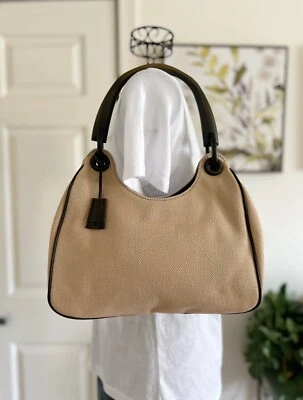 Auténtico bolso de mano vintage GUCCI beige de lona con mango de madera Foto 1 de 4