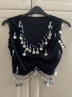 Beautiful Black Velvet Crop Belly Dancing Festival Top With Silver Coins Small