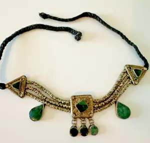 Collana tribale argento verde marmorizzato pendente girocollo corda intrecciata splendida - Foto 1 di 13