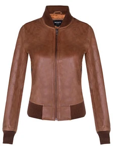 Ladies Tan Brown Leather Bomber Jacket Genuine Leather MA-1 Varsity Retro - Picture 1 of 4