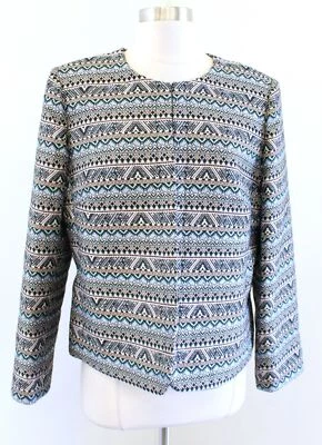 Chaqueta Blazer Tahari ASL Levine Estampado Geométrico Tapiz Talla 14P Negra Azul Foto 1 de 4