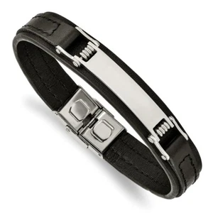 Stainless Steel Polished Black Leather 8.25in ID Bracelet - Picture 1 of 3