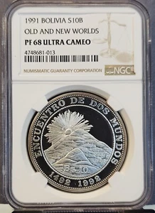1991 BOLIVIA SILVER 10 BOLIVIANOS CERRO DE POTOSI NGC PF 68 ULTRA CAMEO SCARCE - Picture 1 of 3