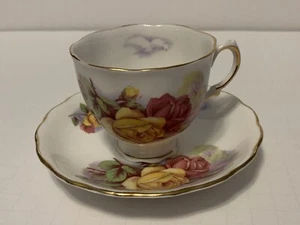 Colclough Footed Tea Cup & Saucer Red & Yellow Roses with Clouds China England - Picture 1 of 5