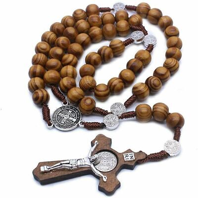 Wooden Rosary Necklace Brown Crucifix Catholic Cross Prayer Worry Beads  • 5.77€